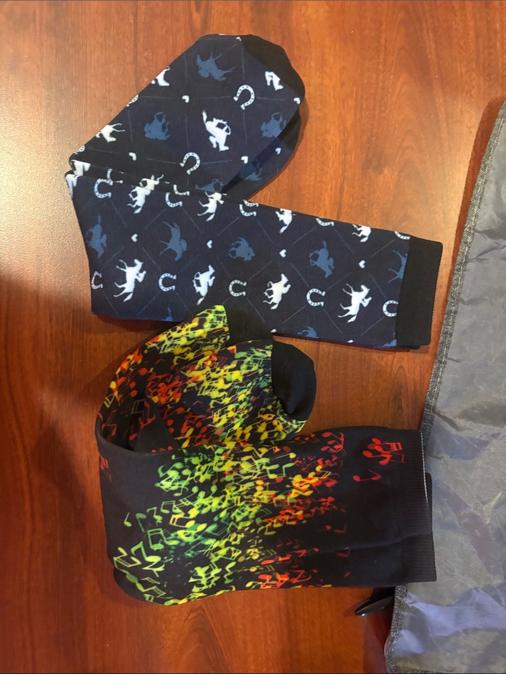 Pair of Patterned Crew Socks - Navy Horse Print & Black Neon Gradient